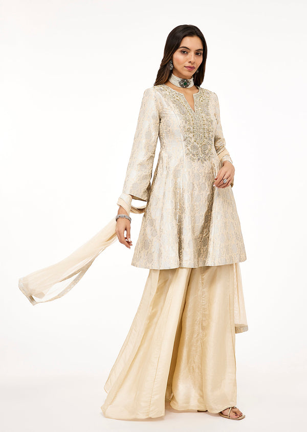 Ivory Brocade With Embroidered Neck Work Peplum Palazzo Dupatta Set