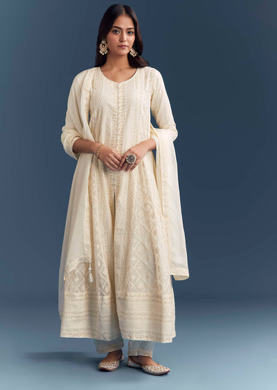 Ivory Chanderi Anarkali Suit With Thread And Sequins Embroidery
