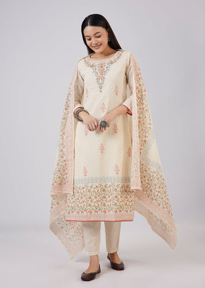 Ivory Cotton Kurta Set With Hand Block Print