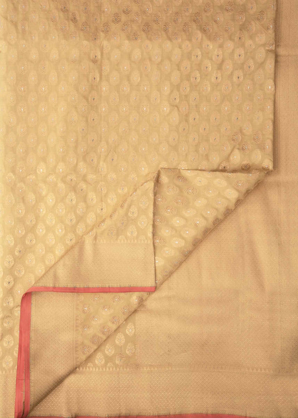 Ivory cream chanderi silk saree with weaved butti and geometric motif pallav border