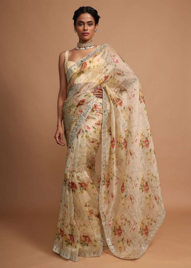 Ivory cream organza saree with floral digital print Online - Kalki Fashion