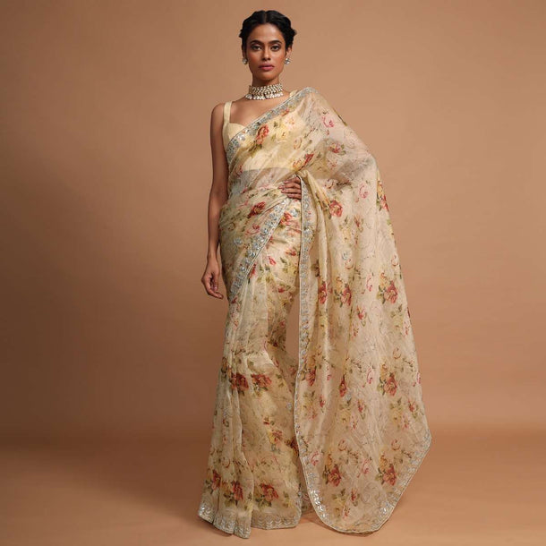 Ivory cream organza saree with floral digital print Online - Kalki Fashion