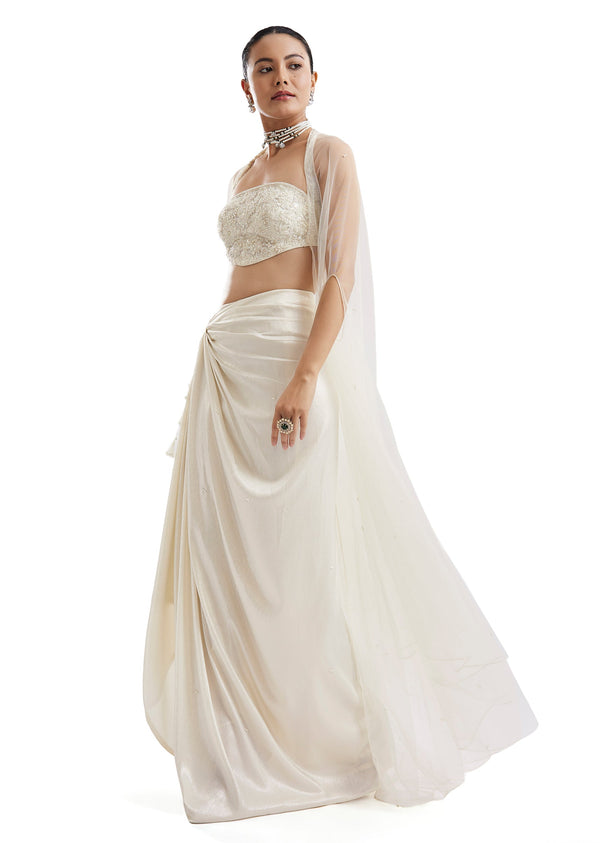 Ivory Embroidered Drape Skirt Set With Cape