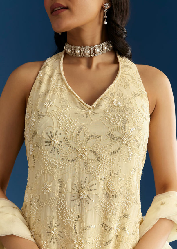 Ivory Georgette Kurta Palazzo Set With Dupatta