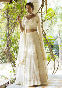 Ivory Lehenga Choli In Georgette With Lucknowi Embroidery In Geometric And Floral Motifs Online - Kalki Fashion