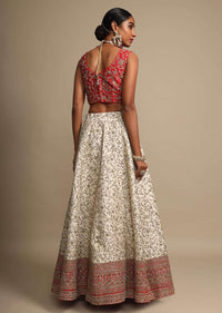 Ivory Lehenga Set With Red Border And Intricate Zari Embroidered Floral Jaal