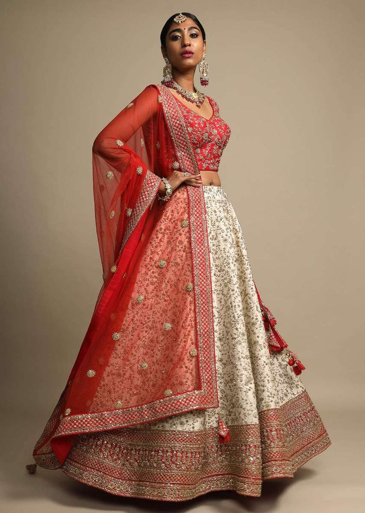 Ivory Lehenga Set With Red Border And Intricate Zari Embroidered Floral Jaal