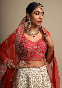 Ivory Lehenga Set With Red Border And Intricate Zari Embroidered Floral Jaal