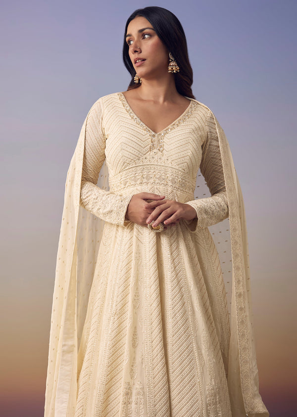 Ivory Lucknowi Anarkali with Dupatta