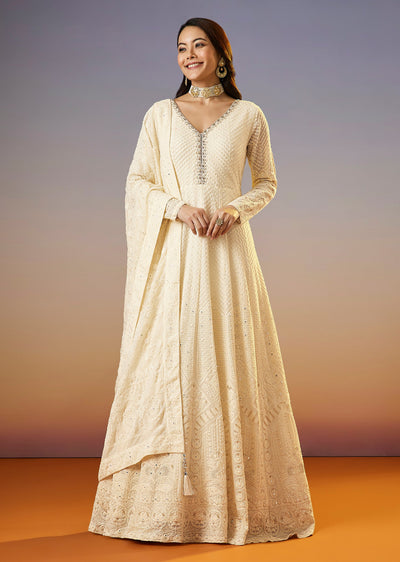 Ivory Lucknowi Georgette Anarkali Suit With Dupatta