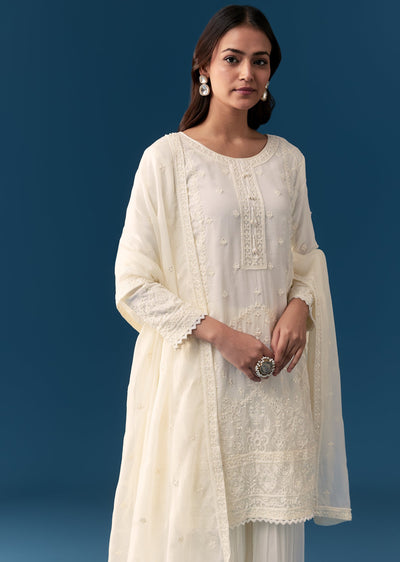 Ivory Organza Sharara Set With Resham And Moti Work
