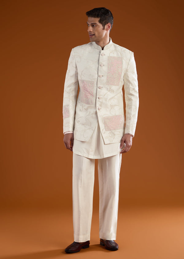 Ivory Rawsilk Indowestern Kurta Set with Dori Work