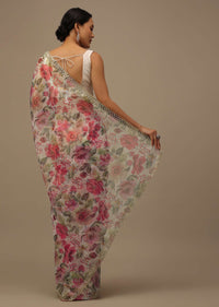 Ivory White Embroidered Organza Saree With Floral Print And Scallop Borders