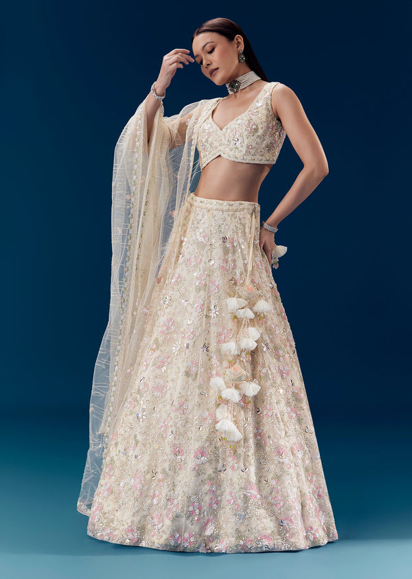 Ivory Silk Embellished Bridal Lehenga Set with Floral Tassels