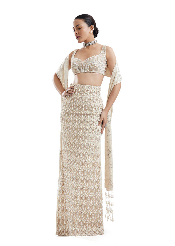 Ivory Sweetheart Neck Lehenga With Stole Dupatta
