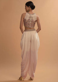 Ivory Tulip Dhoti And Crop Top Set With Embossed Floral Embroidery And High Neckline