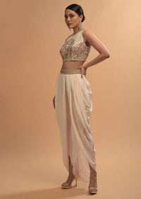 Ivory Tulip Dhoti And Crop Top Set With Embossed Floral Embroidery And High Neckline