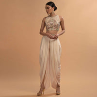 Ivory Tulip Dhoti And Crop Top Set With Embossed Floral Embroidery And High Neckline