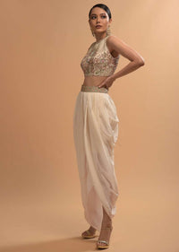 Ivory Tulip Dhoti And Crop Top Set With Embossed Floral Embroidery And High Neckline