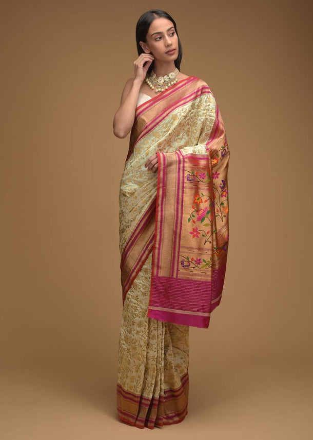 Ivory White Banarasi Saree In Silk With Brocade Woven Floral Jaal And Contrasting Magenta Brocade Border Along With Unstitched Blouse Online - Kalki Fashion