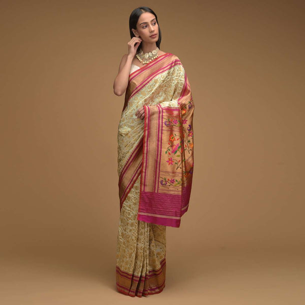 Ivory White Banarasi Saree In Silk With Brocade Woven Floral Jaal And Contrasting Magenta Brocade Border Along With Unstitched Blouse Online - Kalki Fashion