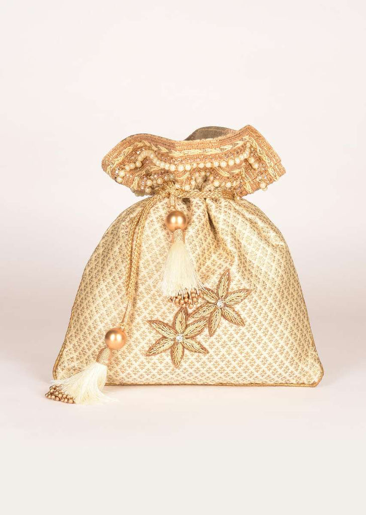 Ivory White Potli Bag In Silk With Brocade Buttis Online - Kalki Fashion