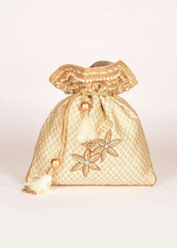 Ivory White Potli Bag In Silk With Brocade Buttis Online - Kalki Fashion
