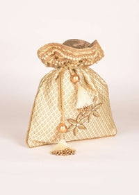 Ivory White Potli Bag In Silk With Brocade Buttis Online - Kalki Fashion