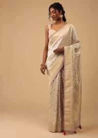 Ivory-White Saree In Tissue With Gold Zari Weave