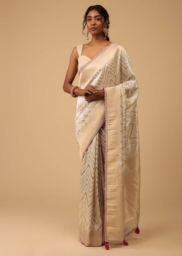 Ivory-White Saree In Tissue With Gold Zari Weave