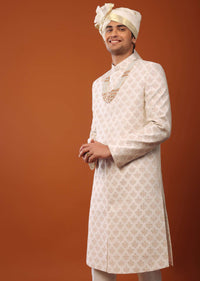 Ivory-White Sherwani Set in Silk With Sequins Embroidery