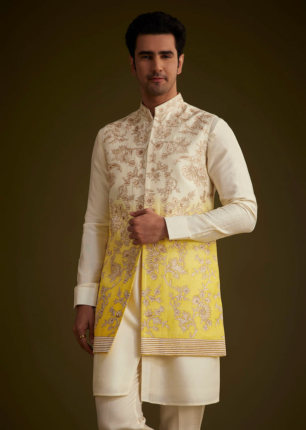 Ivory And Yellow Ombre Silk Jacket Set With Zari Work