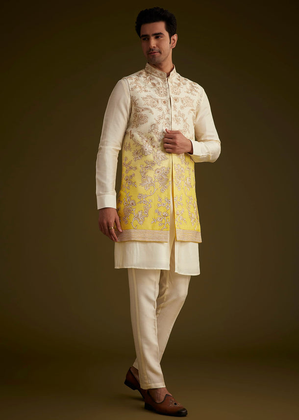 Ivory And Yellow Ombre Silk Jacket Set With Zari Work