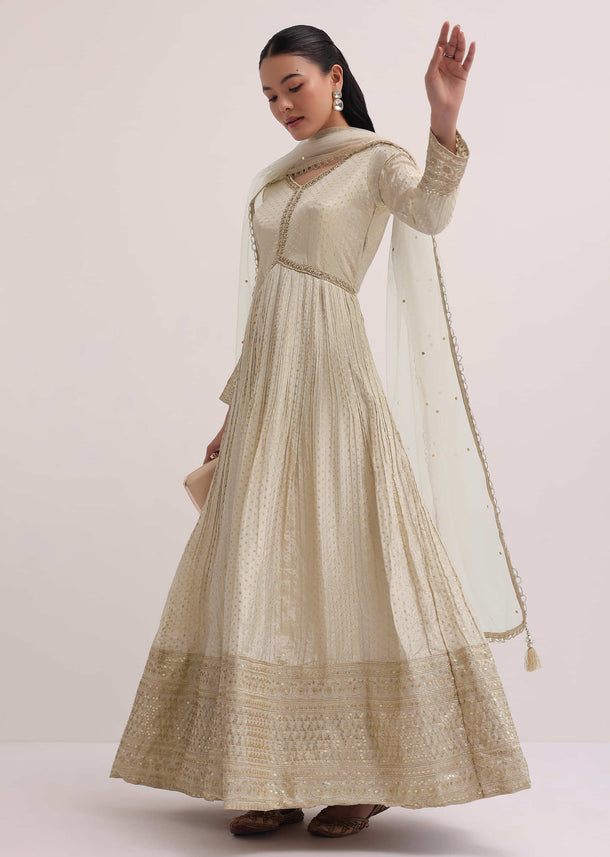 Ivory Banarasi Silk Anarkali Suit