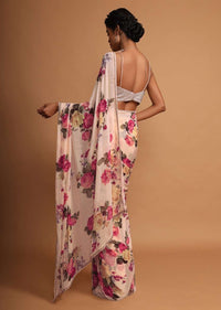 Ivory cream georgette saree with floral digital print Online - Kalki Fashion