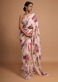 Ivory cream georgette saree with floral digital print Online - Kalki Fashion