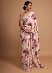 Ivory cream georgette saree with floral digital print Online - Kalki Fashion