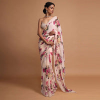 Ivory cream georgette saree with floral digital print Online - Kalki Fashion
