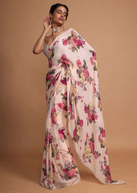 Ivory cream georgette saree with floral digital print Online - Kalki Fashion