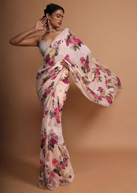 Ivory cream georgette saree with floral digital print Online - Kalki Fashion