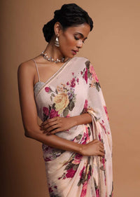 Ivory cream georgette saree with floral digital print Online - Kalki Fashion