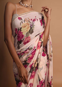 Ivory cream georgette saree with floral digital print Online - Kalki Fashion