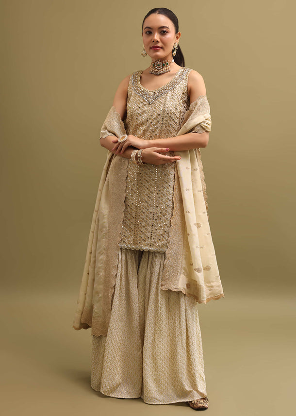 Ivory Embroidered Georgette Kurta Sharara Set