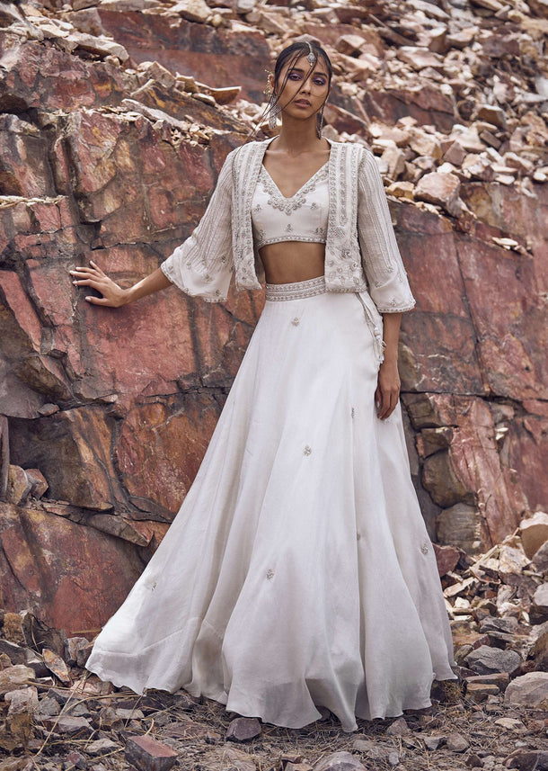 Ivory Embroidered Jacket With Blouse And Lehenga