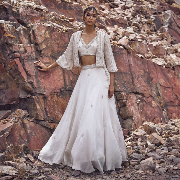 Ivory Embroidered Jacket With Blouse And Lehenga