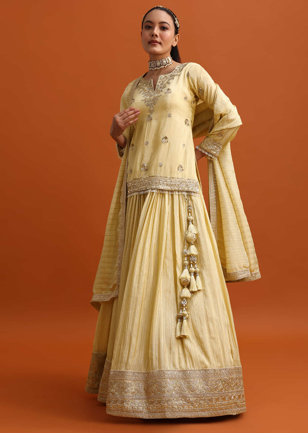 Ivory Embroidered Kurta Lehenga Set With Dupatta