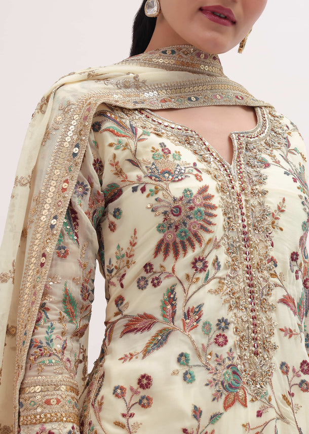 Ivory Embroidered Kurta Sharara Set