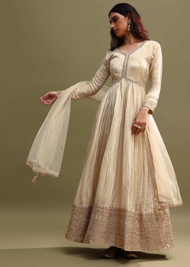 Ivory Embroidered Tissue Anarkali Set