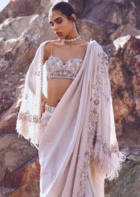 Ivory Hand Embroidered Tissue Pre Stitched Saree With Cape