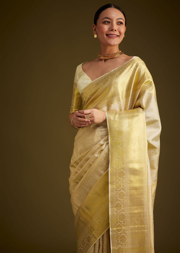 Ivory Kanjivaram Silk Saree With Golden Zari Border